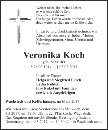 Traueranzeige von Veronika Koch von Thüringer Allgemeine