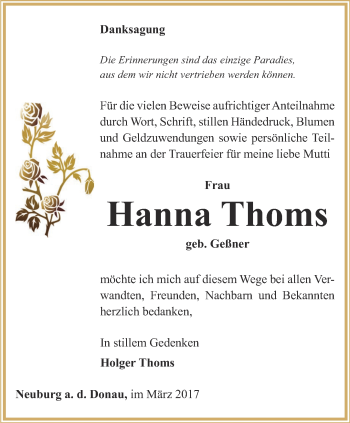 Traueranzeige von Hanna Thoms von Ostthüringer Zeitung