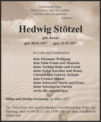 Traueranzeige von Hedwig Stötzel von Thüringer Allgemeine, Thüringische Landeszeitung