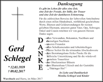 Traueranzeige von Gerd Schlegel von Ostthüringer Zeitung
