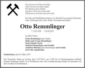 Traueranzeige von Otto Remmlinger von Thüringer Allgemeine