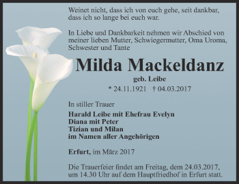 Traueranzeige von Milda Mackeldanz von Thüringer Allgemeine, Thüringische Landeszeitung