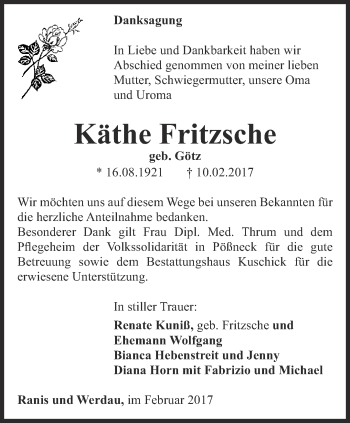 Traueranzeige von Käthe Fritzsche von Ostthüringer Zeitung