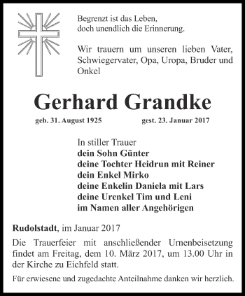 Traueranzeige von Gerhard Grandke von Ostthüringer Zeitung