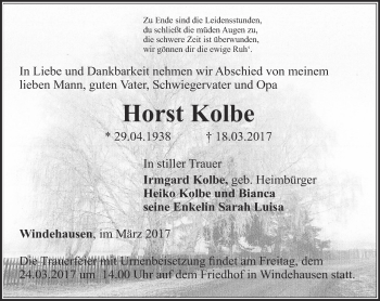 Traueranzeige von Horst Kolbe von Thüringer Allgemeine