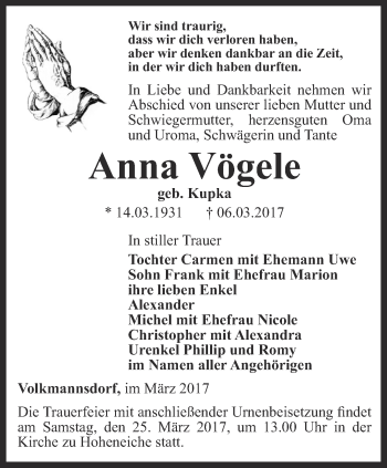 Traueranzeige von Anna Vögele von Ostthüringer Zeitung