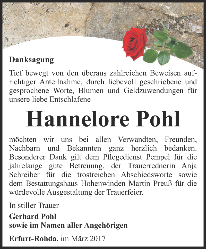  Traueranzeige für Hannelore Pohl vom 11.03.2017 aus Thüringer Allgemeine, Thüringische Landeszeitung