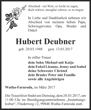 Traueranzeige von Hubert Deubner von Thüringer Allgemeine, Thüringische Landeszeitung