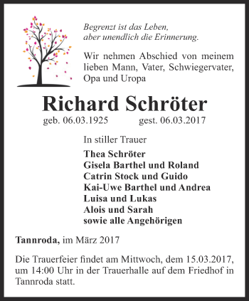 Traueranzeige von Richard Schröter von Thüringer Allgemeine, Thüringische Landeszeitung