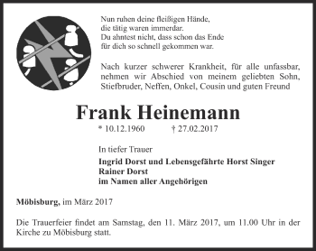 Traueranzeige von Frank Heinemann von Thüringer Allgemeine, Thüringische Landeszeitung