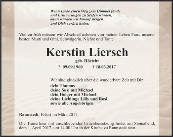 Traueranzeige von Kerstin Liersch von Thüringer Allgemeine, Thüringische Landeszeitung