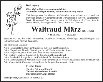 Traueranzeige von Waltraud März von Thüringer Allgemeine