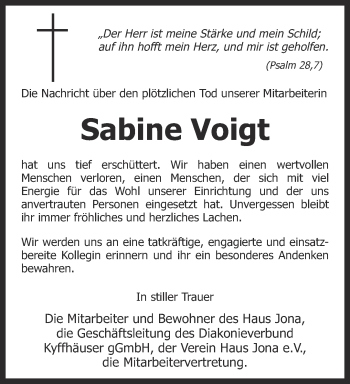 Traueranzeige von Sabine Voigt von Thüringer Allgemeine