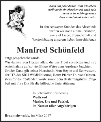 Traueranzeige von Manfred Schönfeld von Ostthüringer Zeitung