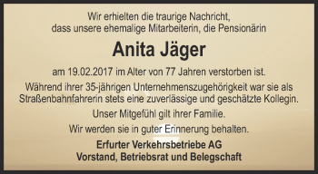 Traueranzeige von Anita Jäger von Thüringer Allgemeine, Thüringische Landeszeitung