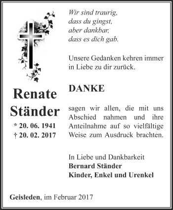 Traueranzeige von Renate Ständer von Thüringer Allgemeine