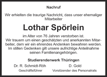 Traueranzeige von Lothar Spörlein von Ostthüringer Zeitung, Thüringische Landeszeitung