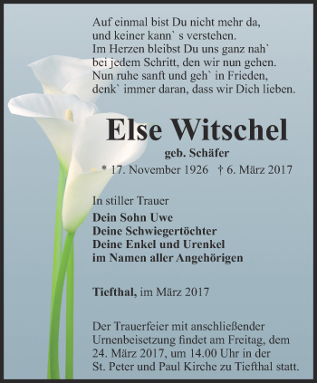 Traueranzeige von Else Witschel von Thüringer Allgemeine, Thüringische Landeszeitung