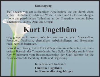 Traueranzeige von Kurt Ungethüm von Thüringer Allgemeine, Thüringische Landeszeitung