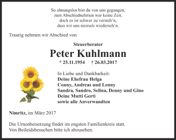 Traueranzeige von Peter Kuhlmann von Ostthüringer Zeitung