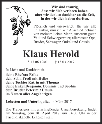 Traueranzeige von Klaus Herold von Ostthüringer Zeitung