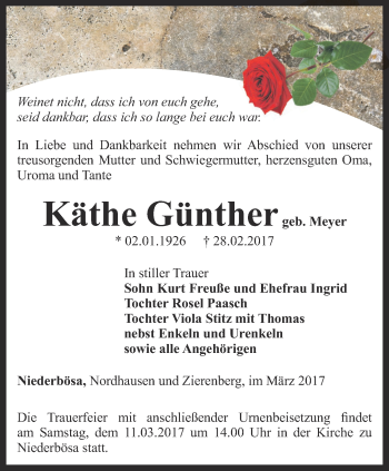 Traueranzeige von Käthe Günther von Thüringer Allgemeine