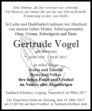 Traueranzeige von Gertrude Vogel von Ostthüringer Zeitung, Thüringische Landeszeitung