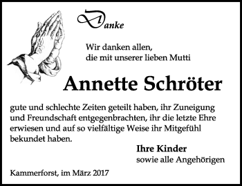 Traueranzeige von Annette Schröter von Thüringer Allgemeine, Thüringische Landeszeitung