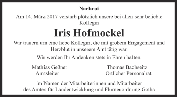 Traueranzeige von Iris Hofmockel von Ostthüringer Zeitung, Thüringische Landeszeitung