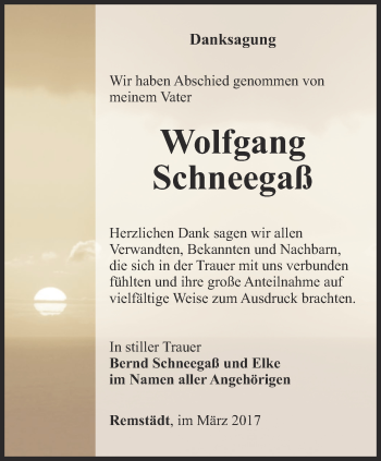 Traueranzeige von Wolfgang Schneegaß von Ostthüringer Zeitung, Thüringische Landeszeitung