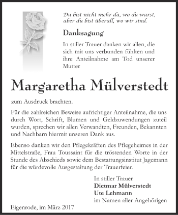 Traueranzeige von Margaretha Mülverstedt von Thüringer Allgemeine, Thüringische Landeszeitung