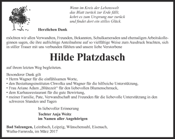 Traueranzeige von Hilde Platzdasch von Thüringer Allgemeine, Thüringische Landeszeitung