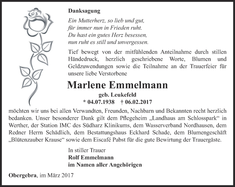  Traueranzeige für Marlene Emmelmann vom 04.03.2017 aus Thüringer Allgemeine