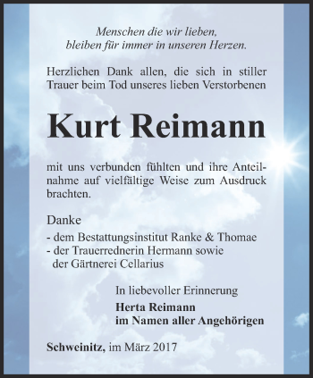 Traueranzeige von Kurt Reimann von Ostthüringer Zeitung