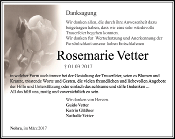 Traueranzeige von Rosemarie Vetter von Thüringer Allgemeine