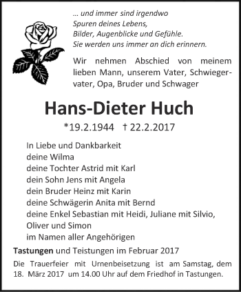 Traueranzeige von Hans-Dieter Huch von Thüringer Allgemeine