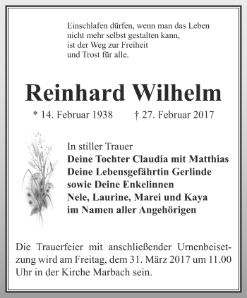 Traueranzeige von Reinhard Wilhelm von Thüringer Allgemeine, Thüringische Landeszeitung