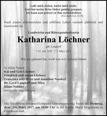 Traueranzeige von Katharina Löchner von Thüringer Allgemeine