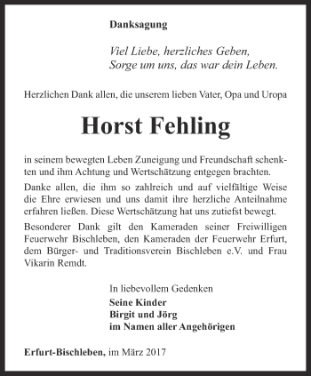 Traueranzeige von Horst Fehling von Thüringer Allgemeine, Thüringische Landeszeitung