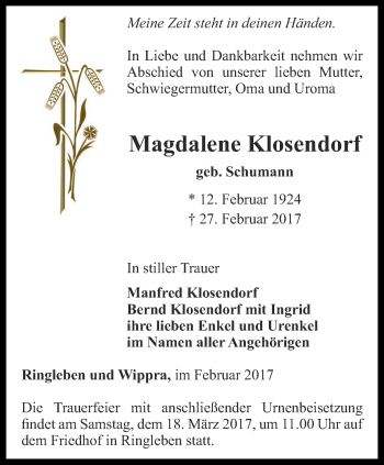 Traueranzeige von Magdalene Klosendorf von Thüringer Allgemeine, Thüringische Landeszeitung