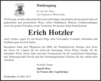 Traueranzeige von Erich Hotzler von Ostthüringer Zeitung
