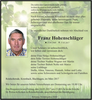 Traueranzeige von Franz Hohenschläger von Thüringer Allgemeine