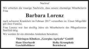 Traueranzeige von Barbara Lorenz von Ostthüringer Zeitung