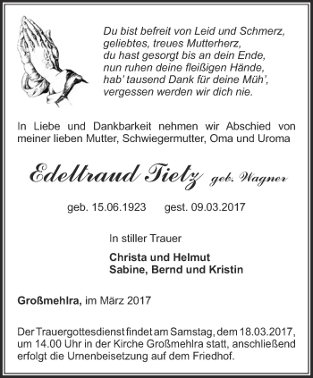 Traueranzeige von Edeltraud Tietz von Thüringer Allgemeine, Thüringische Landeszeitung