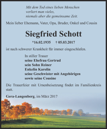 Traueranzeige von Siegfried Schott von Ostthüringer Zeitung