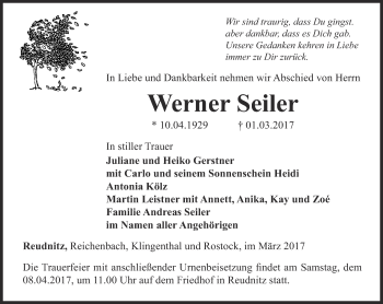 Traueranzeige von Werner Seiler von Ostthüringer Zeitung
