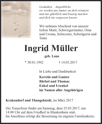 Traueranzeige von Ingrid Müller von Thüringer Allgemeine, Thüringische Landeszeitung