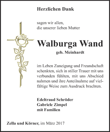 Traueranzeige von Walburga Wand von Thüringer Allgemeine, Thüringische Landeszeitung