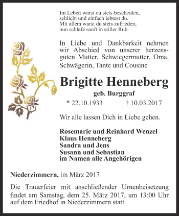 Traueranzeige von Brigitte Henneberg von Thüringer Allgemeine, Thüringische Landeszeitung