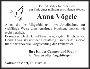 Traueranzeige von Anna Vögele von Ostthüringer Zeitung